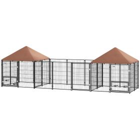Large Outdoor Dog Kennel with 2 Rooms, Rotating & Adjustable Height Bowls, Waterproof & UV-Resistant Canopy