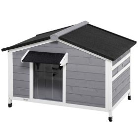 Wooden Cabin Style Outdoor Dog House with Openable Roof, Removable Bottom, Windows, Curtain, Foot Covers, Gray