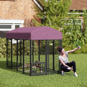 Welded Wire Outdoor Dog Kennel With 360 Rotating & 4 Levels Adjustable Bowls, Waterproof Cover