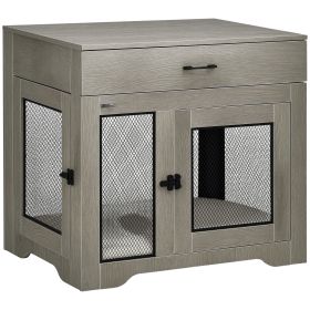 Dog Crate Furniture with Soft Water-Resistant Cushion, Dog Kennel End Table with Drawer, Puppy Crate for Small Dogs Indoor with 2 Doors, Gray