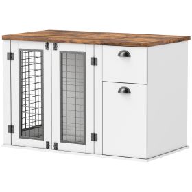 44" Furniture Dog Crate with Double Door, Storage & Drawer for Medium Sized Dogs, White